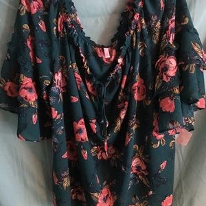 Floral green top/off the shoulder